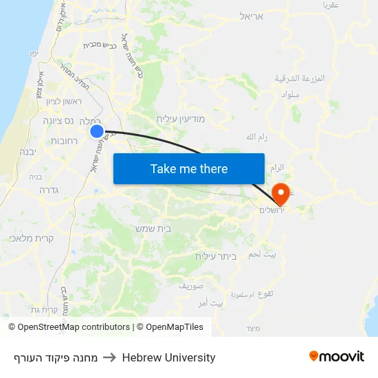 מחנה פיקוד העורף to Hebrew University map