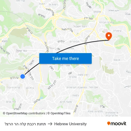 תחנת רכבת קלה הר הרצל to Hebrew University map