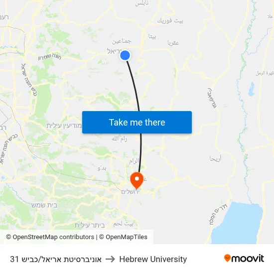 Ariel University/Road 31 to Hebrew University map