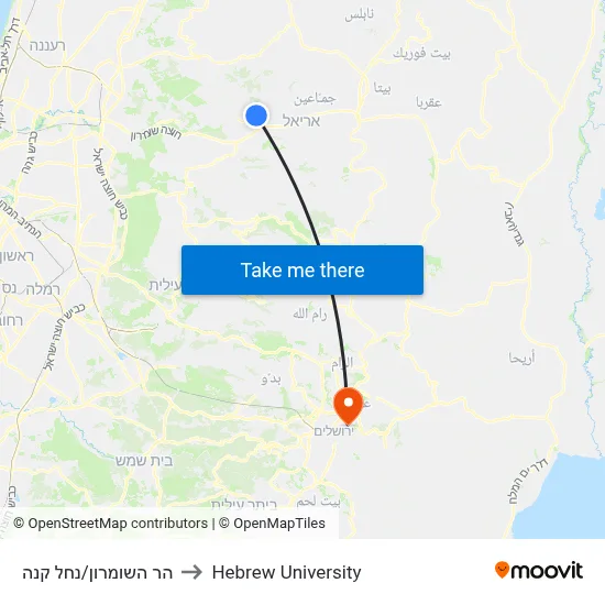 Mount Shomron/Nahal Kana to Hebrew University map