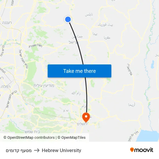 Kedumim Junction to Hebrew University map