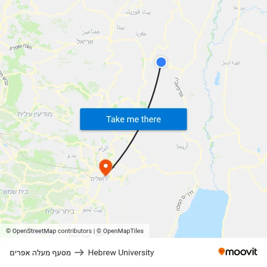 Maaleh Efraim Junction to Hebrew University map