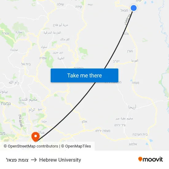 Petzael Junction to Hebrew University map