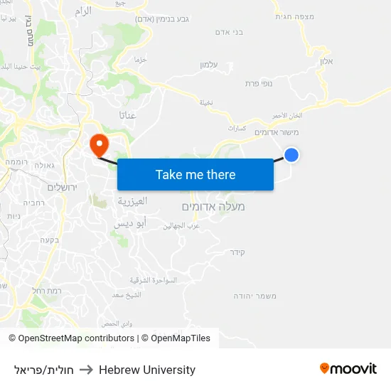 חולית/פריאל to Hebrew University map