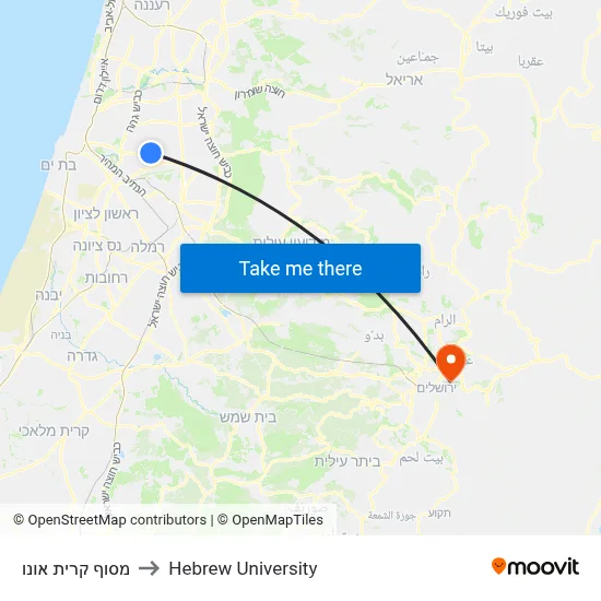 Kiryat Ono Terminal to Hebrew University map