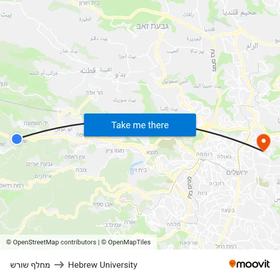 Shoresh Interchange to Hebrew University map
