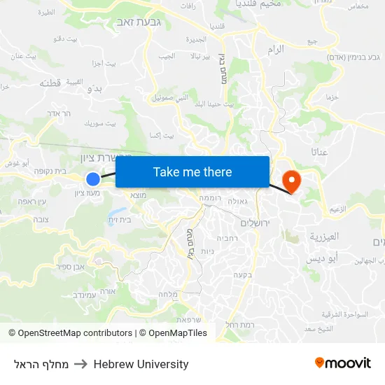 Harel Interchange to Hebrew University map