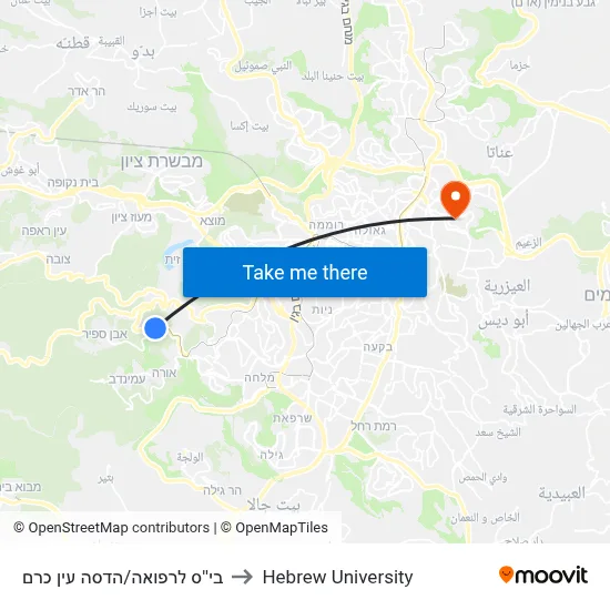 Hadassah Ein Kerem Medical School to Hebrew University map