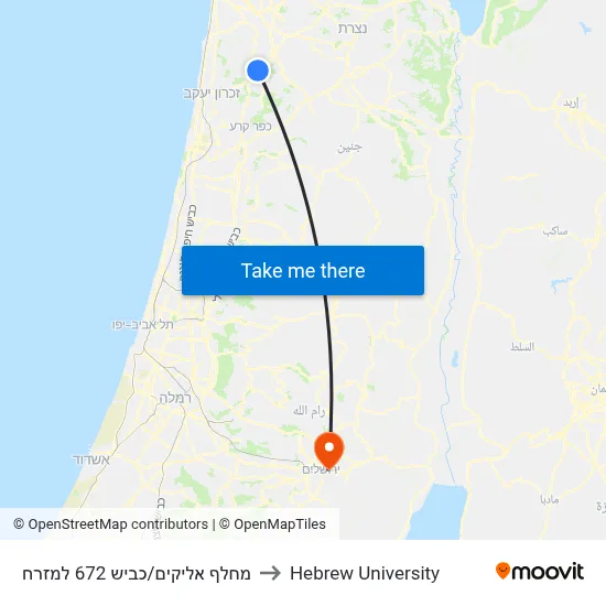 Elyakim Interchange/Highway 672 East to Hebrew University map