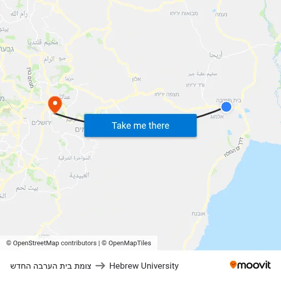 New Beit HaArava Junction to Hebrew University map