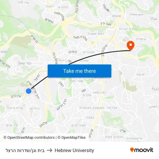 בית וגן/שדרות הרצל to Hebrew University map