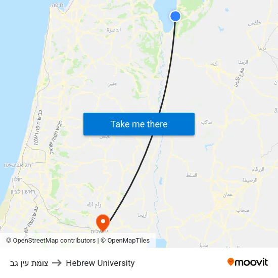 צומת עין גב to Hebrew University map