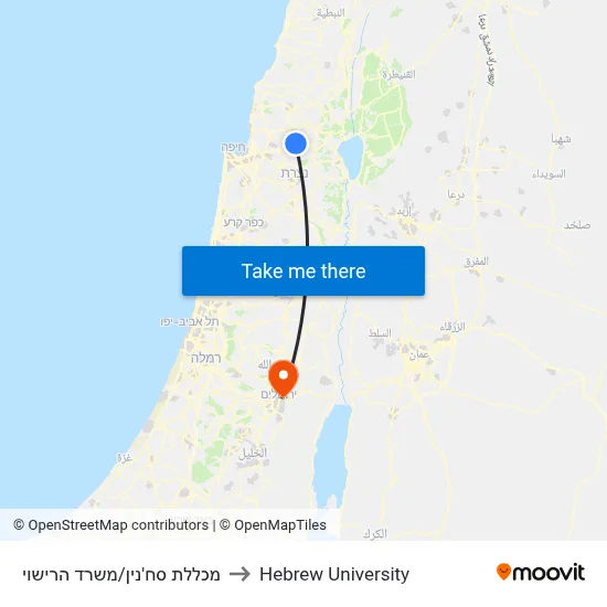 Sakhnin College/Vehicle Licensing Office to Hebrew University map