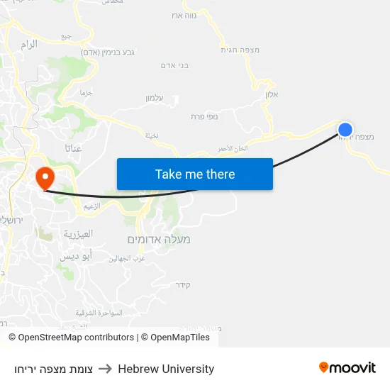 Mitzpe Yeriho Junction to Hebrew University map