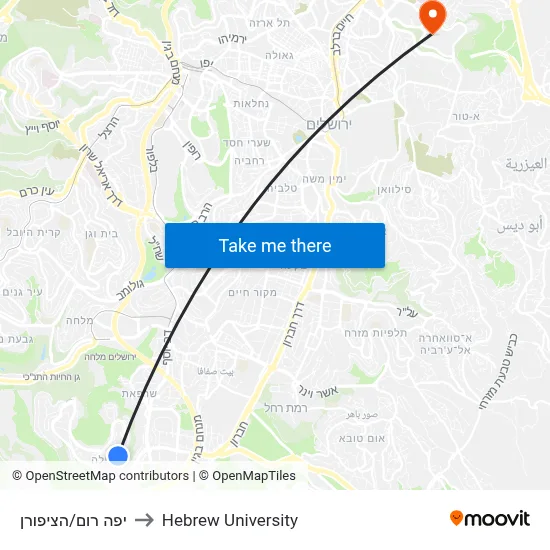 Yafe Rom/HaTziporen to Hebrew University map