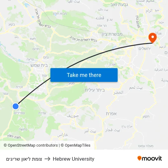Leon Srigim Junction to Hebrew University map