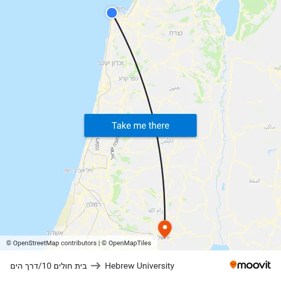 Hospital 10/Derech HaYam to Hebrew University map