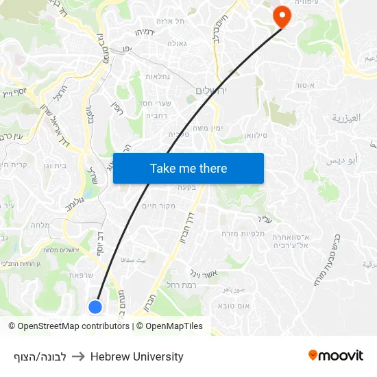 Levona/HaTzuf to Hebrew University map