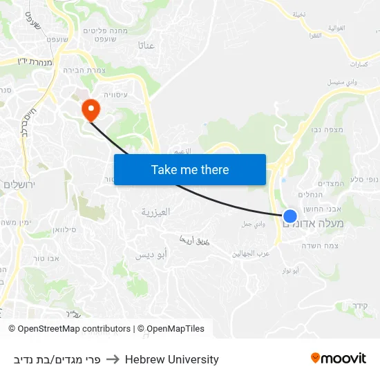 Pri Megadim/Bat Nadiv to Hebrew University map