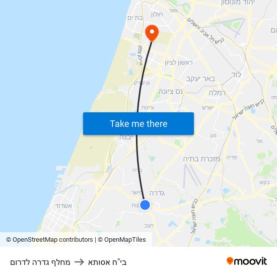 מחלף גדרה לדרום to בי"ח אסותא map