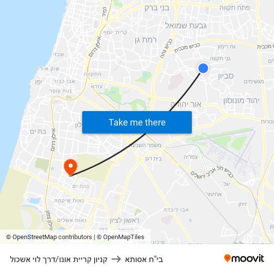 קניון קריית אונו/דרך לוי אשכול to בי"ח אסותא map