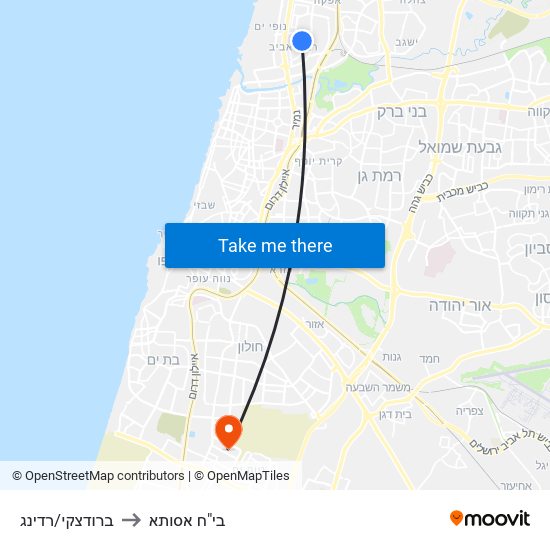 ברודצקי/רדינג to בי"ח אסותא map