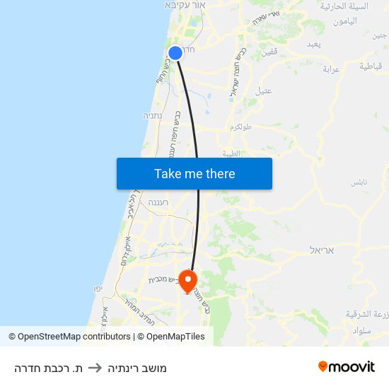 ת. רכבת חדרה to מושב רינתיה map