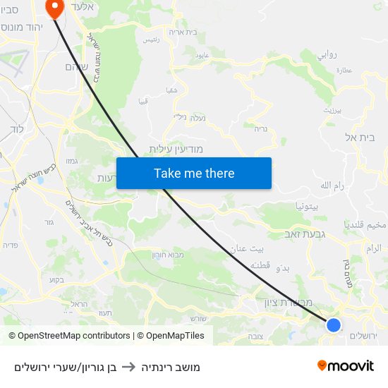 בן גוריון/שערי ירושלים to מושב רינתיה map