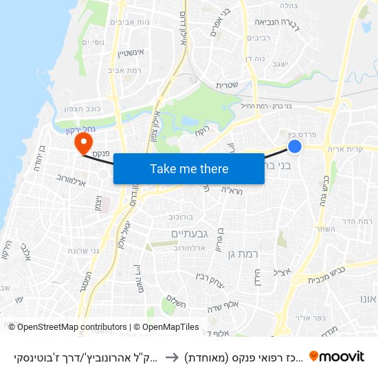 ת.רק''ל אהרונוביץ'/דרך ז'בוטינסקי to מרכז רפואי פנקס (מאוחדת) map