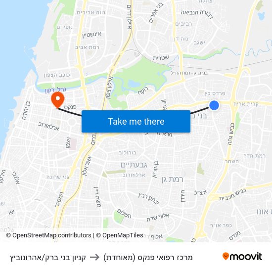 קניון בני ברק/אהרונוביץ to מרכז רפואי פנקס (מאוחדת) map
