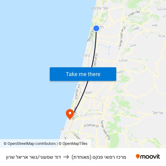 דוד שמעוני/גשר אריאל שרון to מרכז רפואי פנקס (מאוחדת) map