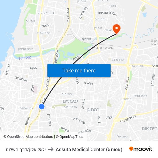 יגאל אלון/דרך השלום to Assuta Medical Center (אסותא) map