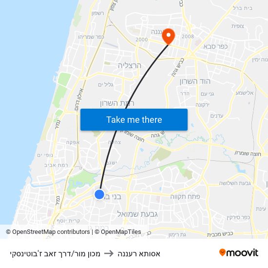 מכון מור/דרך זאב ז'בוטינסקי to אסותא רעננה map