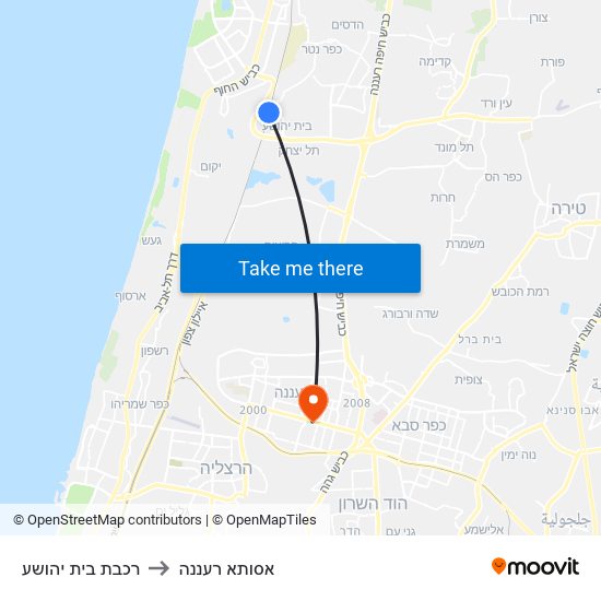 רכבת בית יהושע to אסותא רעננה map