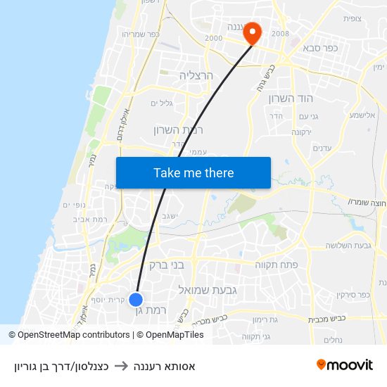 כצנלסון/דרך בן גוריון to אסותא רעננה map