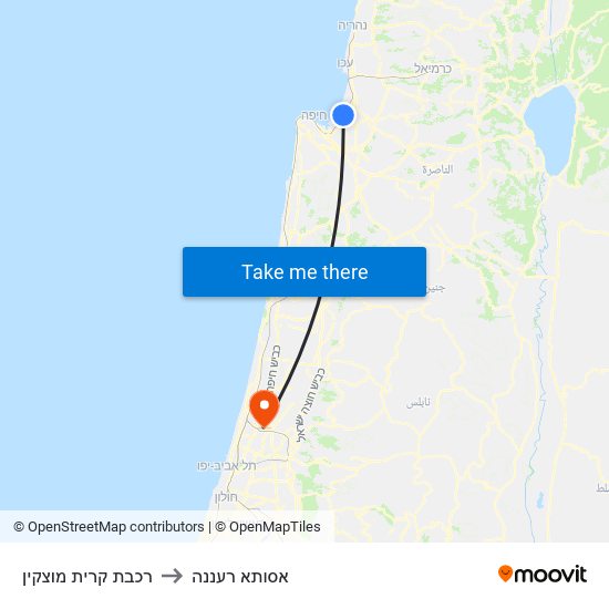 רכבת קרית מוצקין to אסותא רעננה map