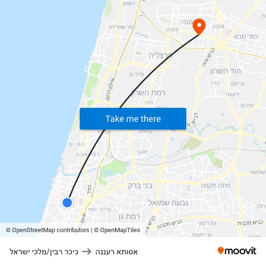 כיכר רבין/מלכי ישראל to אסותא רעננה map