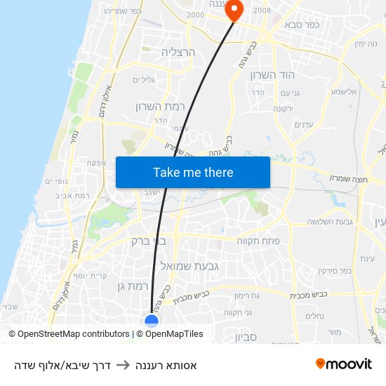 דרך שיבא/אלוף שדה to אסותא רעננה map