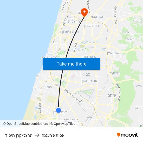 הרצל/קרן היסוד to אסותא רעננה map