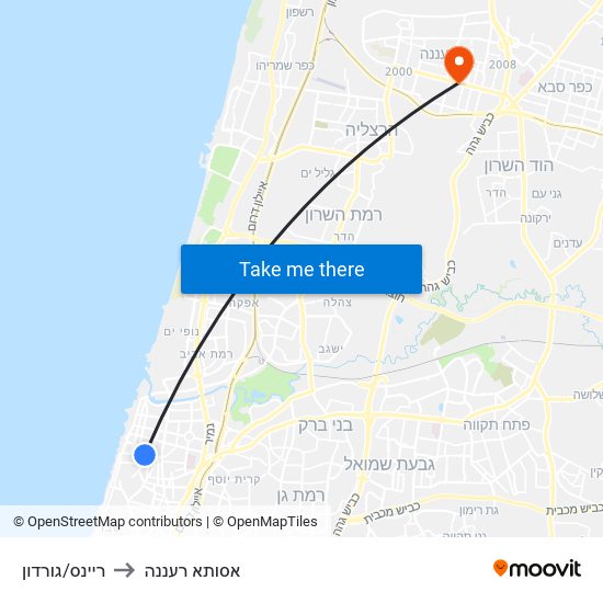 ריינס/גורדון to אסותא רעננה map