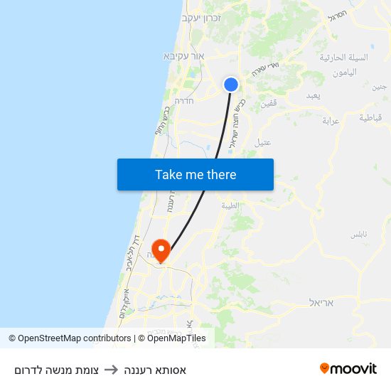 צומת מנשה לדרום to אסותא רעננה map