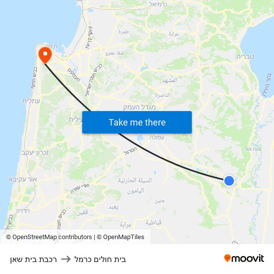 רכבת בית שאן to בית חולים כרמל map