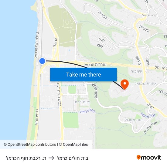 ת. רכבת חוף הכרמל to בית חולים כרמל map