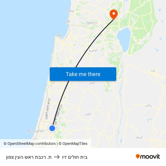 ת. רכבת ראש העין צפון to בית חולים זיו map