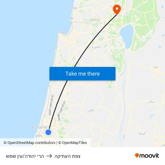 הרי יהודה/עין שמש to צפת העתיקה map