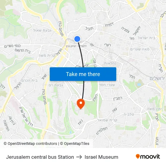 Jerusalem central bus Station to Israel Museum map