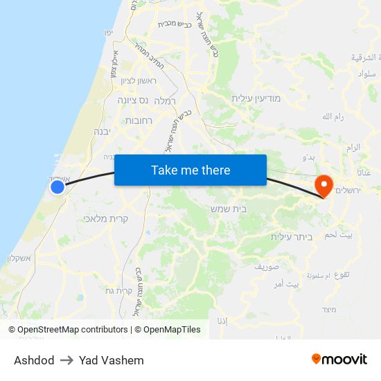 Ashdod to Yad Vashem map