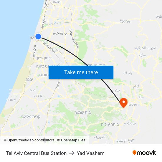 Tel Aviv Central Bus Station to Yad Vashem map