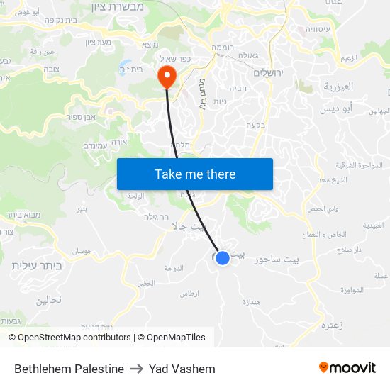 Bethlehem Palestine to Yad Vashem map