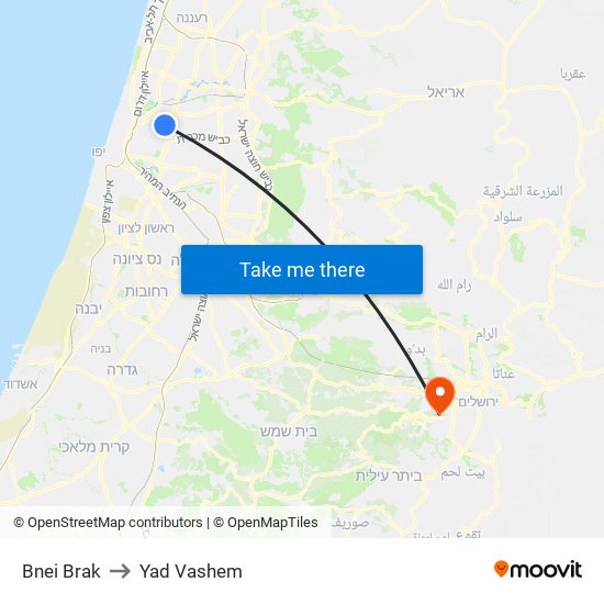 Bnei Brak to Yad Vashem map